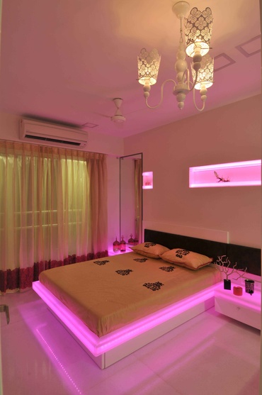 Modern White Bedroom in Pink Neon Light 