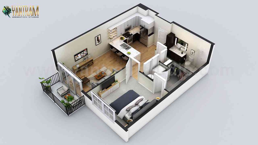 Small Residential Apartment 3d floor plan by architectural design studio,  Los Angeles, California by Yantram Architectural Design Studio, Contractor  in New York,None, USA