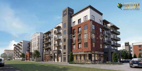 Apartment Community Exterior Design Rendering by Yantram Architectural Modeling Firm
