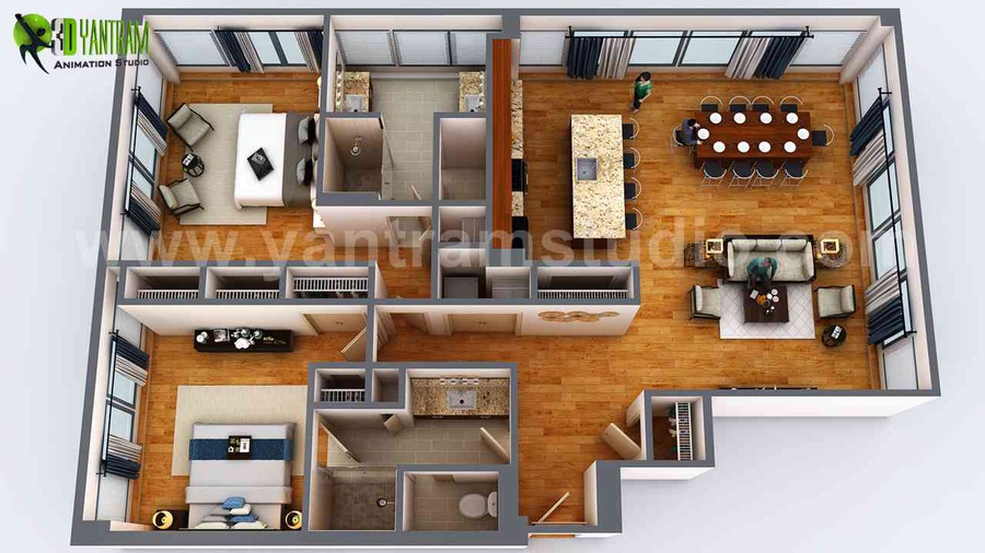 3D Floor Plan Rendering Apartment Design Ideas by Yantram 3D Architectural  Design Studio, Houston, Texas by Yantram Architectural Design Studio,  Contractor in New York,None, USA