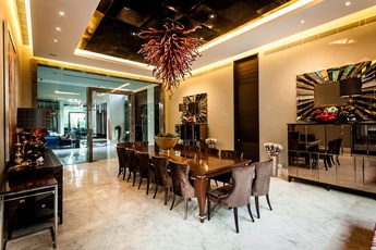 Luxurious Dining Hall with Decorative Ceiling by Ar. Pinky Pandit 